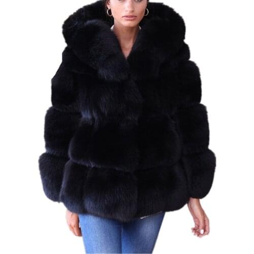 Faux Fox Fur Coats Women Winter Fashion Long Sleeve Artifical Fur Coat Women Thick Warm Hooded Coat Female Faux Fox Fur Jacket