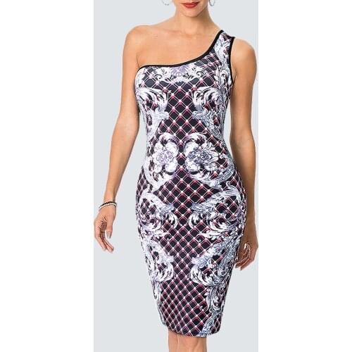 Women Elegant One Shoulder Floral Print Summer Retro Asymmetrical Neck Bodycon Pencil Dress 1H925