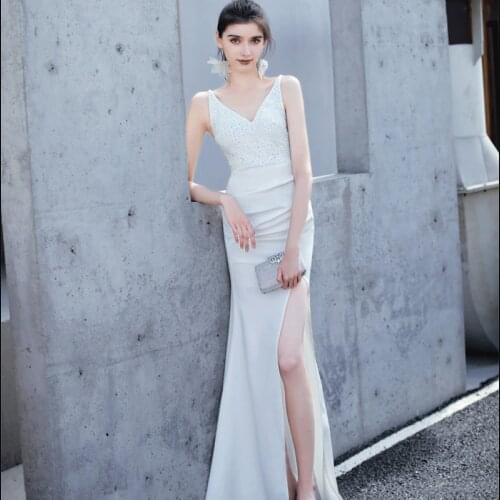 Mermaid V Neck Floor Length Spaghetti Straps Sequined Formal Dress Women Elegant Sleeveless Backless Crystal Evening Dresses