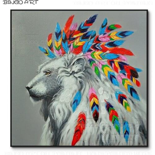 Special Design Beauty Lion with Colorful Feather Oil Painting Handmade Pop Fine Art Animal Lion Oil Painting for Living Room