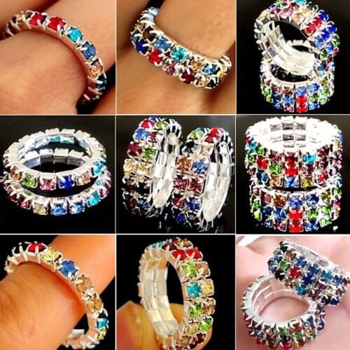 12pcs / 36pcs Color Zircon Mixed 1/2/3 Row Little Girl Lady Elastic Soft CZ Rings Wedding Engagement Beautiful Ring Wholesale