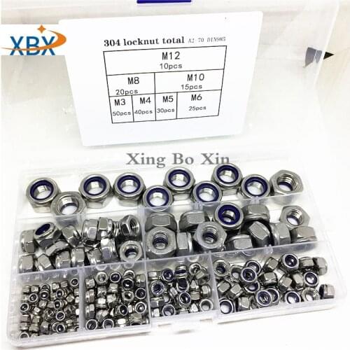 190Pcs/set DIN985 M3 M4 M5 M6 M8 M10 M12 304 Stainless Steel Hexagon Nylon Lock Nuts Set Screws Hex Socket Furniture Bolts Kit