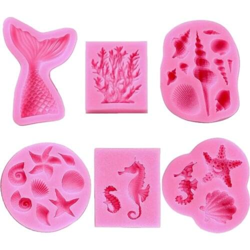 6Pcs Tail Seahorse Starfish Seashell Coral Conch Sea Turtles Chocolate Decorating Mold Marine Theme Cake Silicone Mould