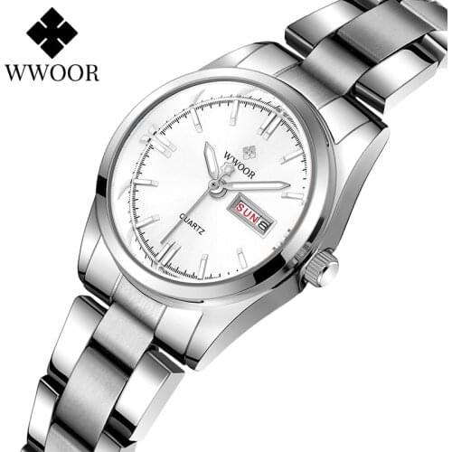 Stainless Steel Women Watches WWOOR Top Luxury Brand Casual Dress Quartz Watches Waterproof Luminous Calendar Clock Reloj Mujer