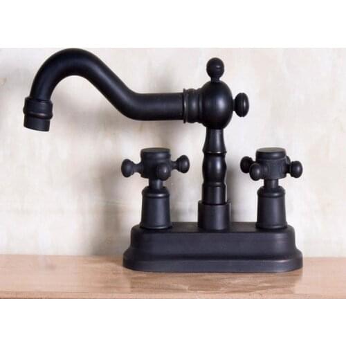 Black Oil Rubbed Bronze 4" Centerset Bathroom Two Holes Basin Faucet Sink Mixer Tap Swivel Spout Double Cross Handles mnf149