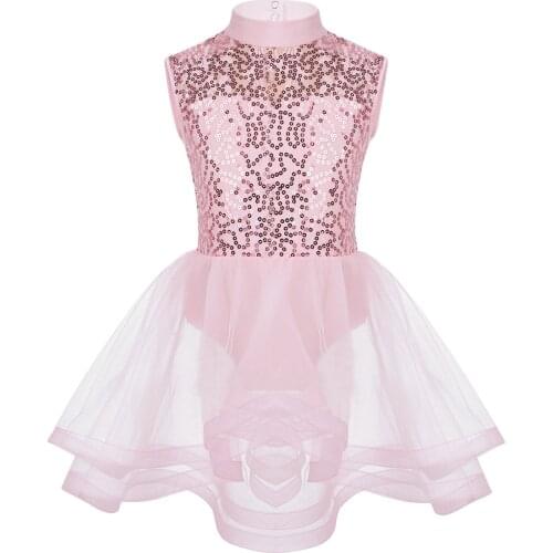 Kids Girls Sleeveless Lyrical Dance Costumes Sequins Keyhole Back Figure Roller Skating Ballet Dance Competition Leotard Dress
