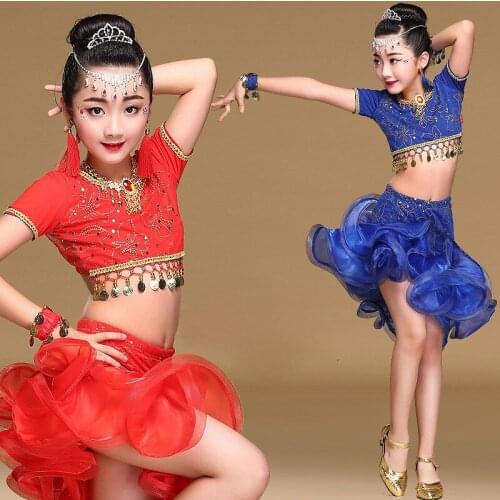 6-15 Years 2018 Children Dance Wear Latin Dance Costumes Set Top Skirts Sequins Dresses for Kids