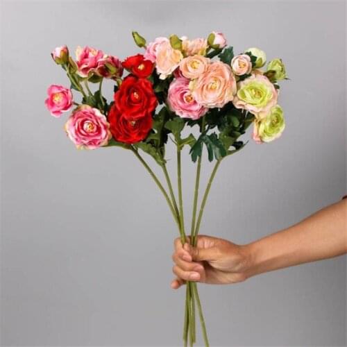 7P Fake Buttercup (5 Stems/Bunch) 13.39" Length Simulation Camellia for Wedding Home Decorative Artificial Flowers