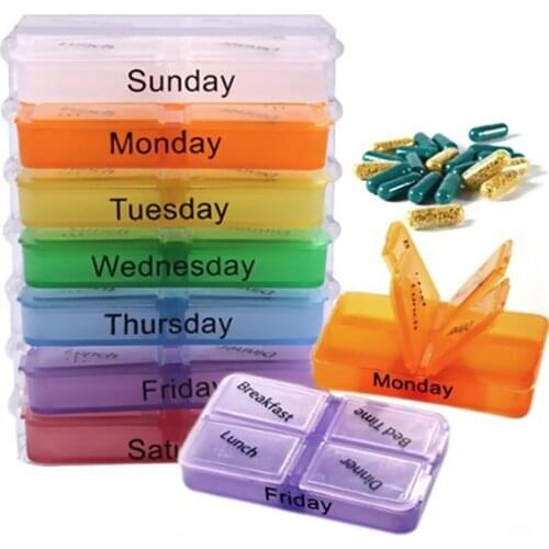 7-Day Pill Organizer Box 4 Times A Day Weekly Medicine Pill Case PP Plastic Pill Organizer Box Travel Daily Pill Box