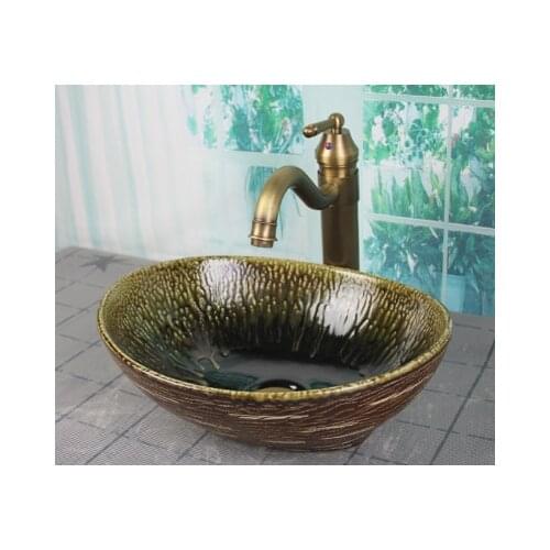 Bathroom Round Ceramic Vessel Sink Vanity Artistic Basin with Pop up Drain Combo AB261