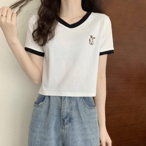 Summer new style rabbit embroidery short section V-neck short-sleeved T-shirt