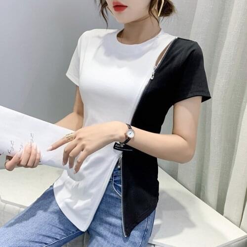 Summer harajuku The New zipper design T Shirt O collar Women Short sleeve Slim Tshirt Tops woman t shirts Large size