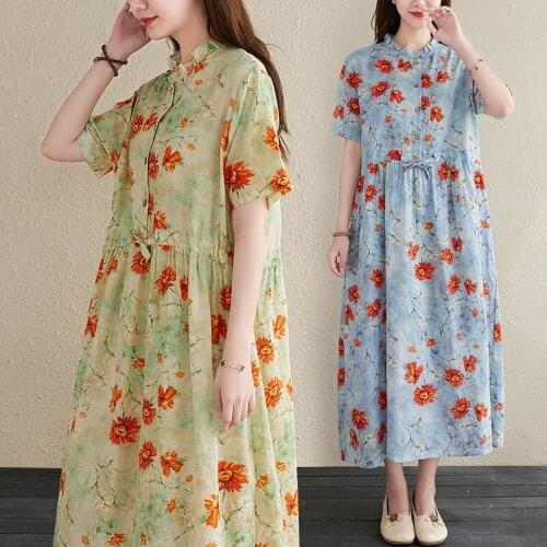 2021 New Cotton Linen Draw String Women Summer Dress Print Floral Vintage Prairie Chic Dress Casual Loose Long Dress Q112