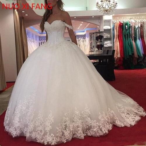 NUOXIFANG White Lace Appliques Ball Gown Wedding Dresses 2020 Sweetheart Beaded Princess Bride Dresses robe de mariee