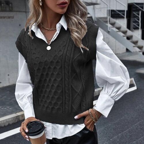 Solid Womens Crop Top Preppy Style Knitwear Tank Top Sleeveless V-neck Vintage Knitted Sweater Vest Tops Желетка Вязанная