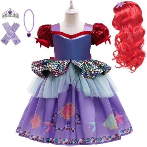 Girls Mermaid Dress Summer Fancy Princess Cosplay Costume Vestidos Gown Kids Halloween Birthday Party Purple Outfit Clothing