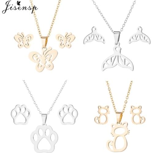 Cute Animal Butterfly Stainless Steel Pendant Necklace for Women Origami Cat Jewelry Sets Footprint Charm Necklaces Earrings