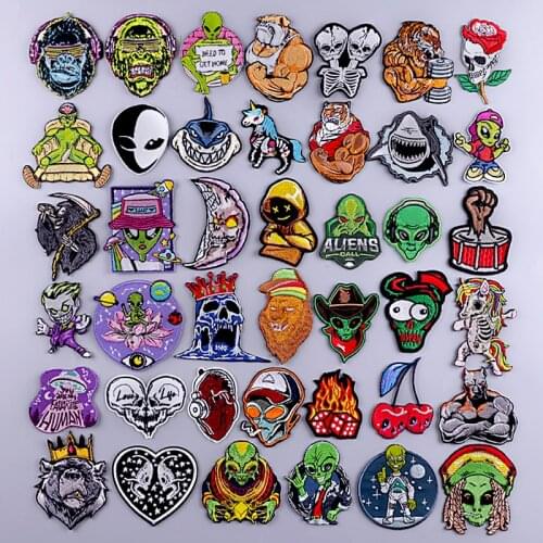 Pulaqi Alien/Heart Skull Patch Applique Embroidery Patches For Clothing Sewing Badge Patch Iron On Patches On Clothes Stripe Diy