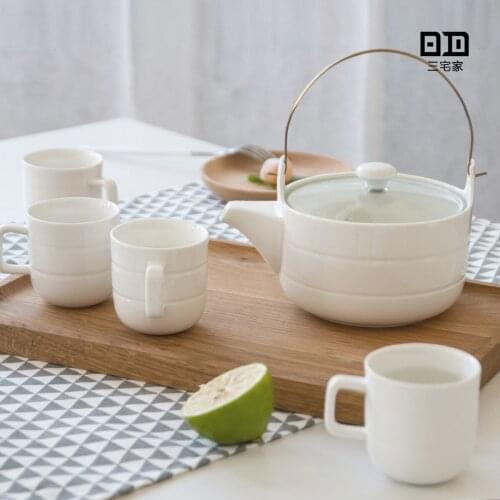 Japanese household white porcelain glass lid tea pot suit flower teapot set ceramic water coffee cup teaware