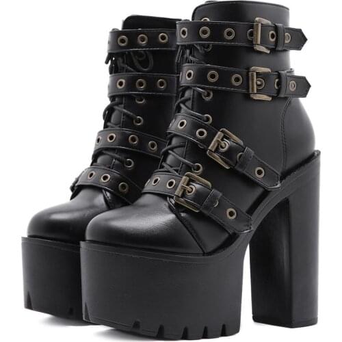 FANAN Womens Goth Platform Boots Sexy Ultra Block High Heel Boots Autumn Winter Black Rivet Round Toe Ankle Booties for Women