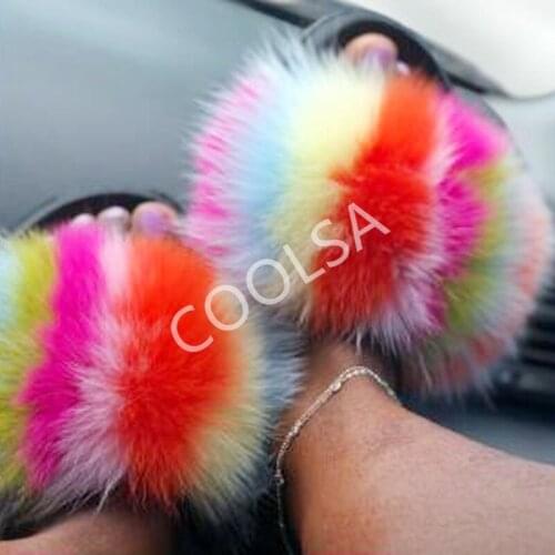 Womens Summer Fluffy Plush Flip Flops Real Fox Fur Home Slippers Women Fur Slides Ladies Open Toe Furry Sandals House Shoes Hot