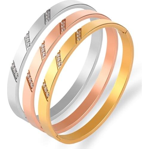 Trendy Geometry Cubic Zirconia Bracelets for Women Titanium Steel Crystals Gold Bangle Statement Jewelry Wedding Party Gift