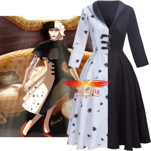 Anime Cruella De Vil Cosplay Costume Adult Women Fancy Gown Black White Polka Dot Maid Dress Hoodie Victoria Skirt Halloween