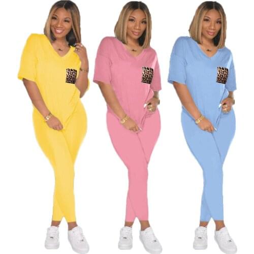 89W0011 Autumn Winter Women Casual Fashion Home Solid Leopard Pocket Print Two Piece Set Tracksuit Sweatsuit Outfits