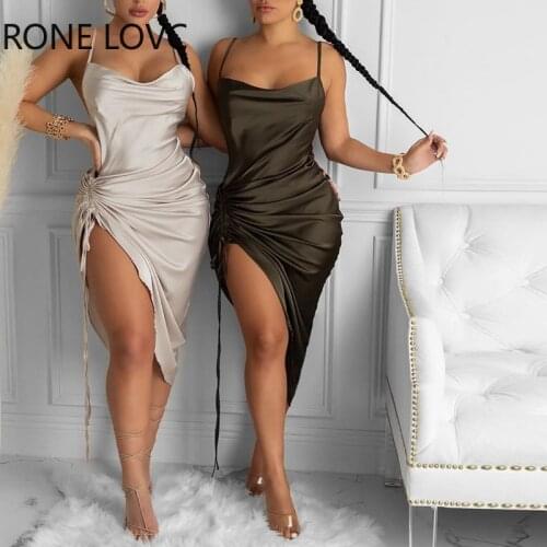 Women Ruched Drawstring Satin Bodycon Dress Elegant Fashion Sexy Party Dress