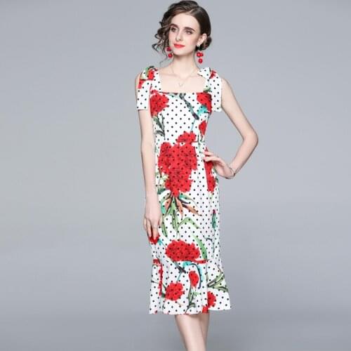 Menahem 2021 Summer Sexy Ruffles Mermaid Off Shoulder Midi Dress Womens Bow Spaghetti Strap Polka Dot Flower Print Party Dress