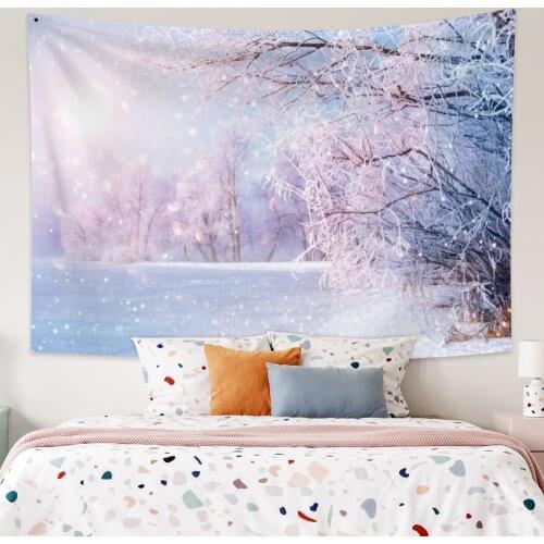 Winter Snow with Pink Flowers Scenery Tapestry Vintage Exotic Summer Plant Nature Frame for Bedroom Photography Wall Decor