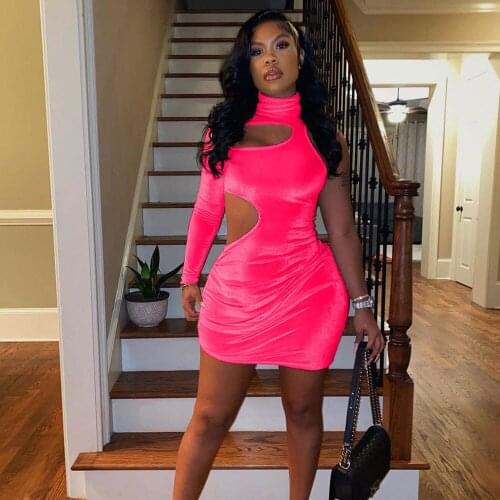 2021 New Sexy Hot Velvet Night Skinny Party Dresses White Hollow Out One Sleeve Women Clubwear Fashion Spring Bodycon Mini Dress