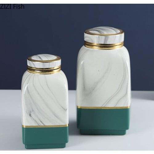 Marble Pattern Storage Jars with Lid Modern Decor Gilded Ceramic Vase Flower Arrangement Storage Tank Living Room Decoration