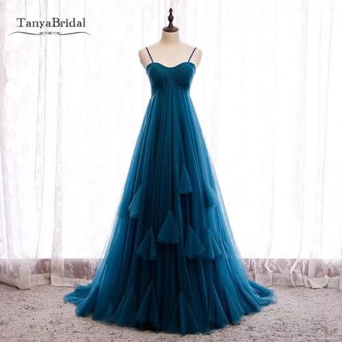 Turquoise High Waist Pregnant Prom Dresses Zipper Back Sweep Train Formal Evening Gown JQ758