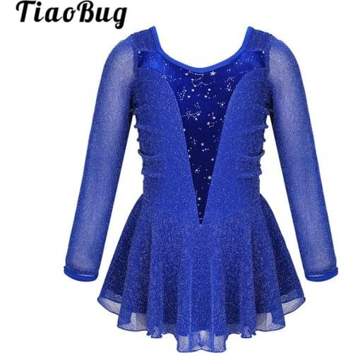 TiaoBug Kids Girls Shiny Long Sleeves Silver Glitters Velvet Splice Figure Skating Dress Gymnastics Leotard Ballet Dance Costume