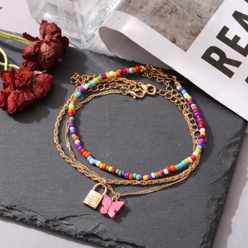 3pcs/set Boho Punk Multilayered Butterfly Lock Anklet Summer Beach Foot Chain Bracelet for Women Girls Electroplating Jewelry