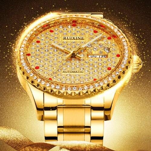 RUIXINE 2021 New Diamond Gold Mechanical Automatic Watch Waterproof Watches Men Luxury Mechanical Wrist Watch Relogio Masculino