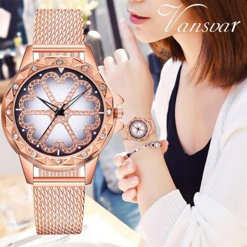 Vansvar Womens Casual Rose Gold Quartz Plastic Leather Flower Rhinestone Watch Clock Bayan Kol Saati Reloj Mujer montre Femme