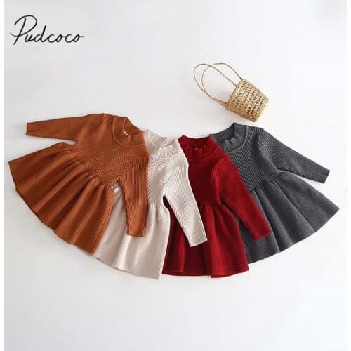 2019 Baby Autumn Winter Clothing Toddler Kids Baby Girl Knitted Dress Long Sleeve Warm Dresses Solid Ribbed Party Gown Clothes