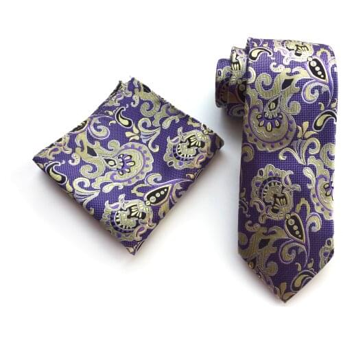 Designers Men Necktie Set Purple Floral Ties with Woven Pocket Square for Wedding Party