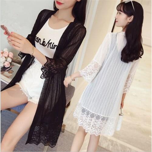 Hot Sale Fashion Lace Medium Long Solid Color Cardigan 2019 Summer Women Outerwear Simple Wearing Fashion Cardigan For Female