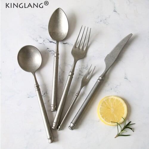 KINGLANG 4pcs /Set Western Vintage Cultery Metal Food Knife Coffee Spoon Restaurant Tableware Dining Spoon Dessert Spoon