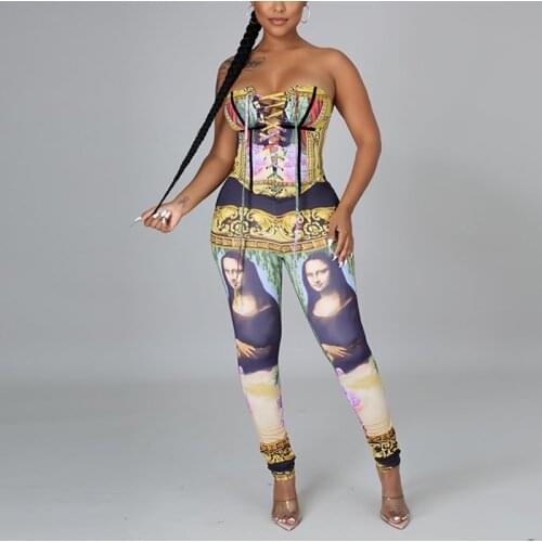 Vintage Geometric Print Laced Croset Top and Legging Set Two-Piece Suits Women Matching Set Club Wear Workout Overalls
