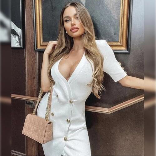 Fashion Deep V Neck Double Breasted Short Sleeve Bodycon Mini Bandage Dress 2021 New Sexy Ladies Club Party Dress Vestido
