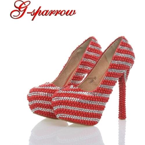 Newest Arrived Red With Silver Unique Design Rhinestone Party Prom Women High Heels Bridal Wedding Shoes Ceremony Anniversary