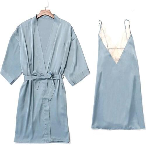 Autumn New Style Silk Pajamas WomenS Two Pieces Robe Fashionable And Sexy V Neck Female Homewear Casual Night Dress Халат