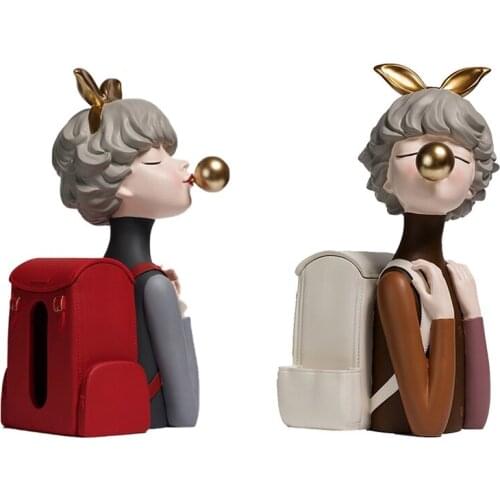 Resin Backpack Girl Draw Paper Holder Figurines Modern Desktop Ornaments Bubble Girls Crafts Home Office Decor