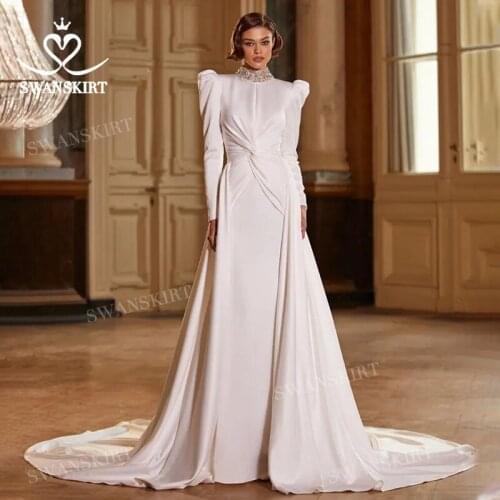 Long Sleeve Wedding Dress 2021 Beaded Satin Mermaid Court Train Vintage Princess Vestido De Novia SwanSarah M106 Bridal Gown