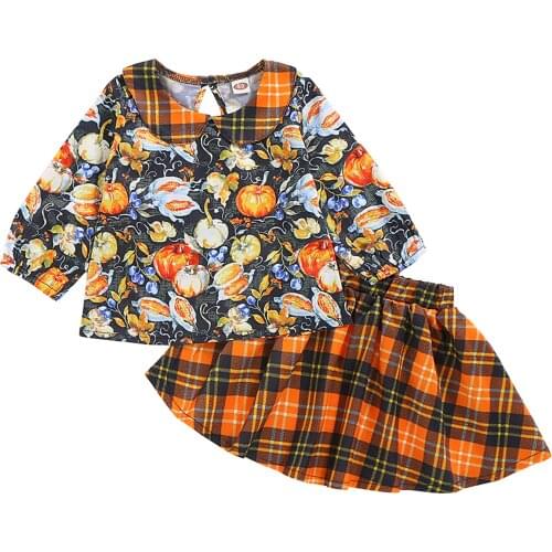 1-5Y Kids Girls Halloween Outfit Pumpkin Print Cartoon Long Sleeve Pullover + Plaid Elastic Waist Short Skirt 2Pcs Clothes Set