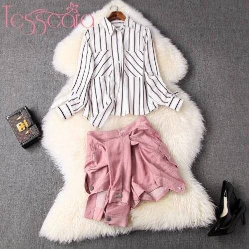 TESSCARA Women Runway Designer Elegant Stripe Chiffon Suit Set Shorts Pant High Quality Pink Cocktail Party Two-piece Suits Sets